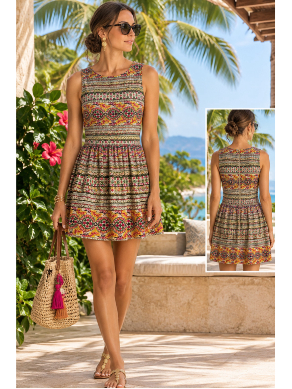 Hemant & Nandita Mini Dress Size 2 Green Pink Tan Multi-color Beaded Embroidery